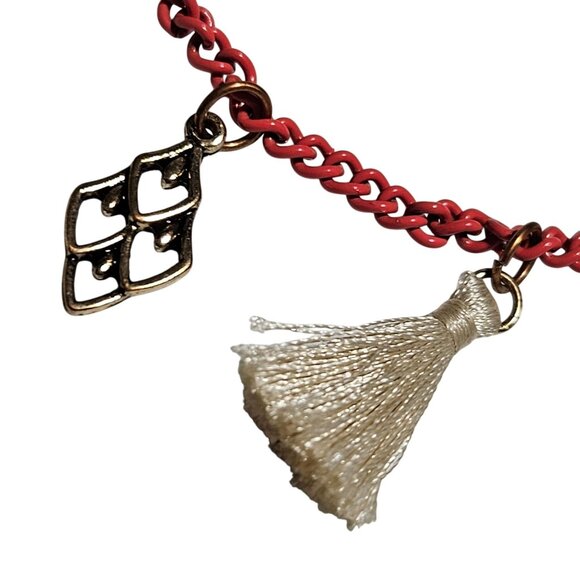 Retro Red Chain Charm Bracelet Gold Tone Metal Charms White Tassels Statement - Picture 2 of 4